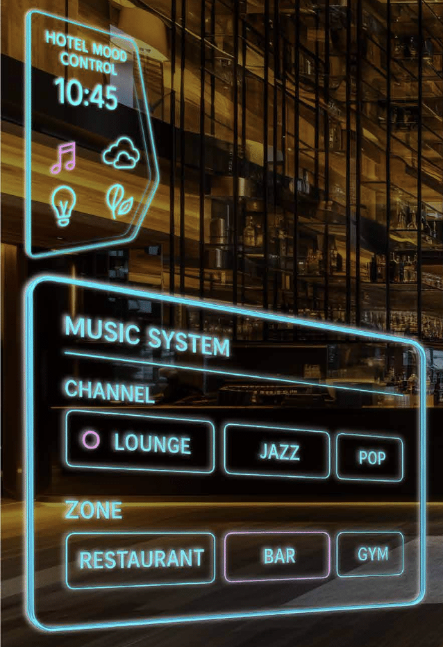 Moderne Musiksysteme steuern jede Zone individuell –
abgestimmt auf Tageszeit, Wetter und Gästeaufkommen.